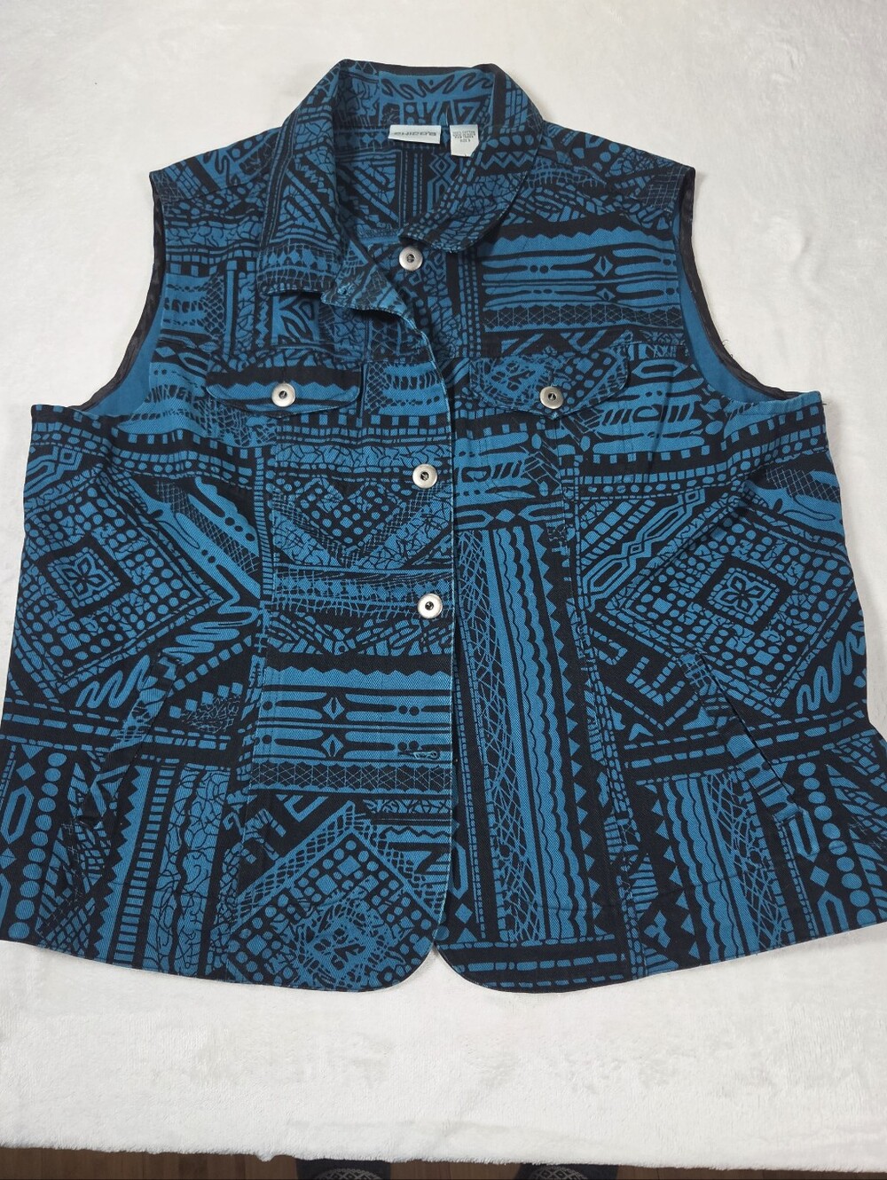 Chicos Vest Womens Size 3 (XL) Black Blue Abstract Button Up